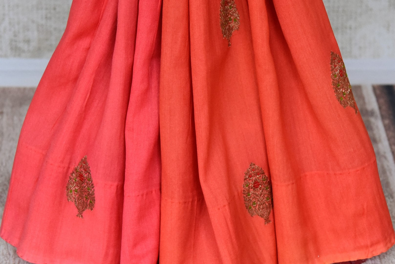 Buy pink and orange muga Benarasi sari online in USA with antique zari buta. Shine bright on special occasions with traditional Indian sarees, handloom sarees, pure silk saris in rich colors and designs from Pure Elegance Indian fashion store in USA.-pleats