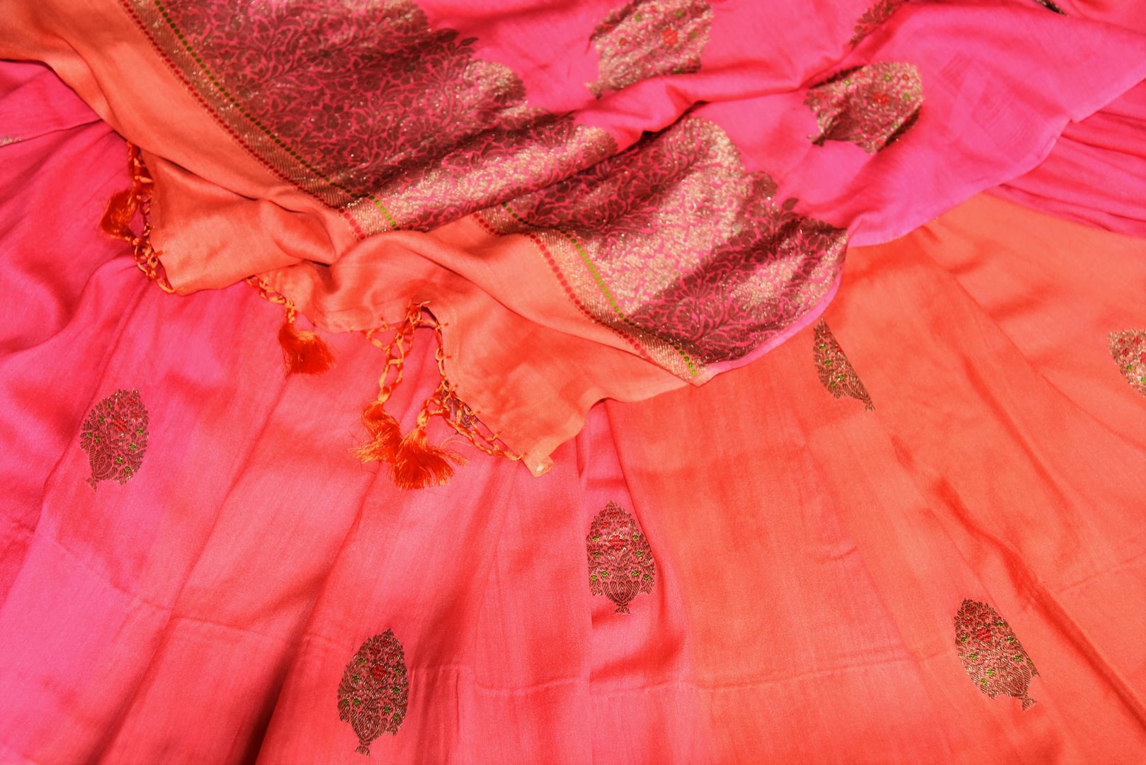 Buy pink and orange muga Benarasi sari online in USA with antique zari buta. Shine bright on special occasions with traditional Indian sarees, handloom sarees, pure silk saris in rich colors and designs from Pure Elegance Indian fashion store in USA.-details