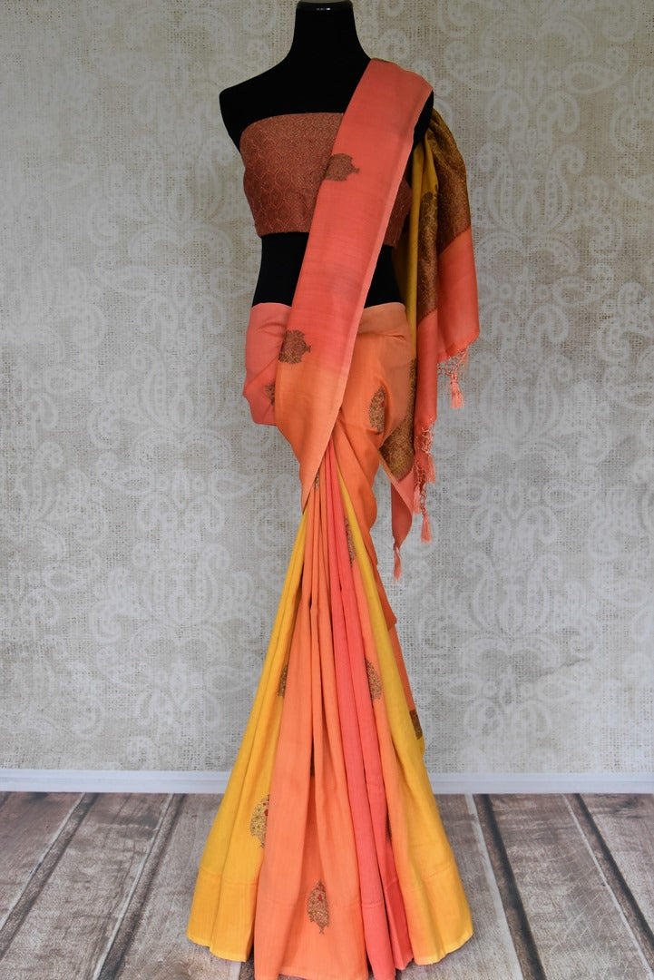 Buy yellow and orange muga Benarasi saree online in USA with antique minakari zari buta. Shine bright on special occasions with traditional Indian sarees, handloom sarees, pure silk saris in rich colors and designs from Pure Elegance Indian fashion store in USA.-full view