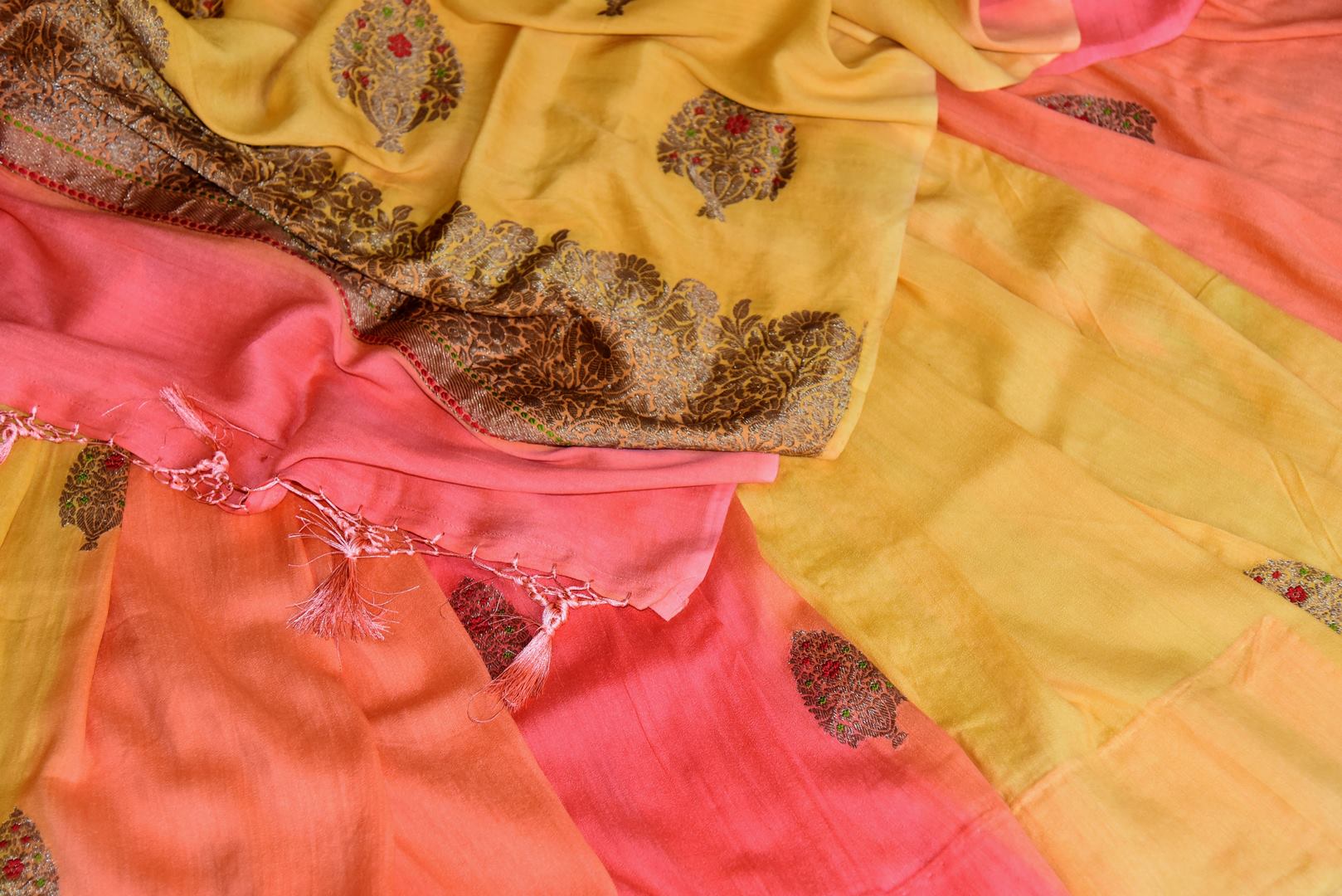 Buy yellow and orange muga Benarasi saree online in USA with antique minakari zari buta. Shine bright on special occasions with traditional Indian sarees, handloom sarees, pure silk saris in rich colors and designs from Pure Elegance Indian fashion store in USA.-details