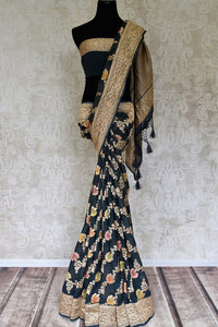 Buy beautiful grey color georgette Benarasi saree online in USA with zari floral design. Shine bright on special occasions with traditional Indian sarees, handloom sarees, pure silk saris in rich colors and designs from Pure Elegance Indian fashion store in USA.-full view