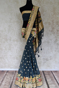 Shop green color georgette Banarasi saree online in USA with zari buta and minakari zari floral design. Shine bright on special occasions with traditional Indian sarees, handloom sarees, pure silk saris in rich colors and designs from Pure Elegance Indian fashion store in USA.-full view