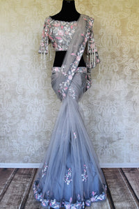 Shop grey hand embroidered net saree online in USA with designer saree blouse. Flaunt the best of Indian styles on special occasions with Indian designer saris, handloom silk sarees, embroidered sarees from Pure Elegance Indian fashion store in USA.-full view