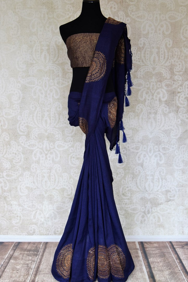 Shop navy blue muga silk saree online in USA with big chakra zari buta. Elevate your traditional style with exquisite Indian handloom sarees from Pure Elegance Indian clothing store in USA. Explore a range of stunning pure silk saris, embroidered sarees, wedding sarees especially from India for women in USA.-full view