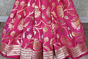 Shop pink georgette Banarasi sari online in USA with overall floral zari design. Elevate your traditional saree style with beautiful Indian Banarasi saris from Pure Elegance Indian fashion store in USA. We also have a stunning variety of bridal sarees for Indian brides in USA. Shop now.-pleats