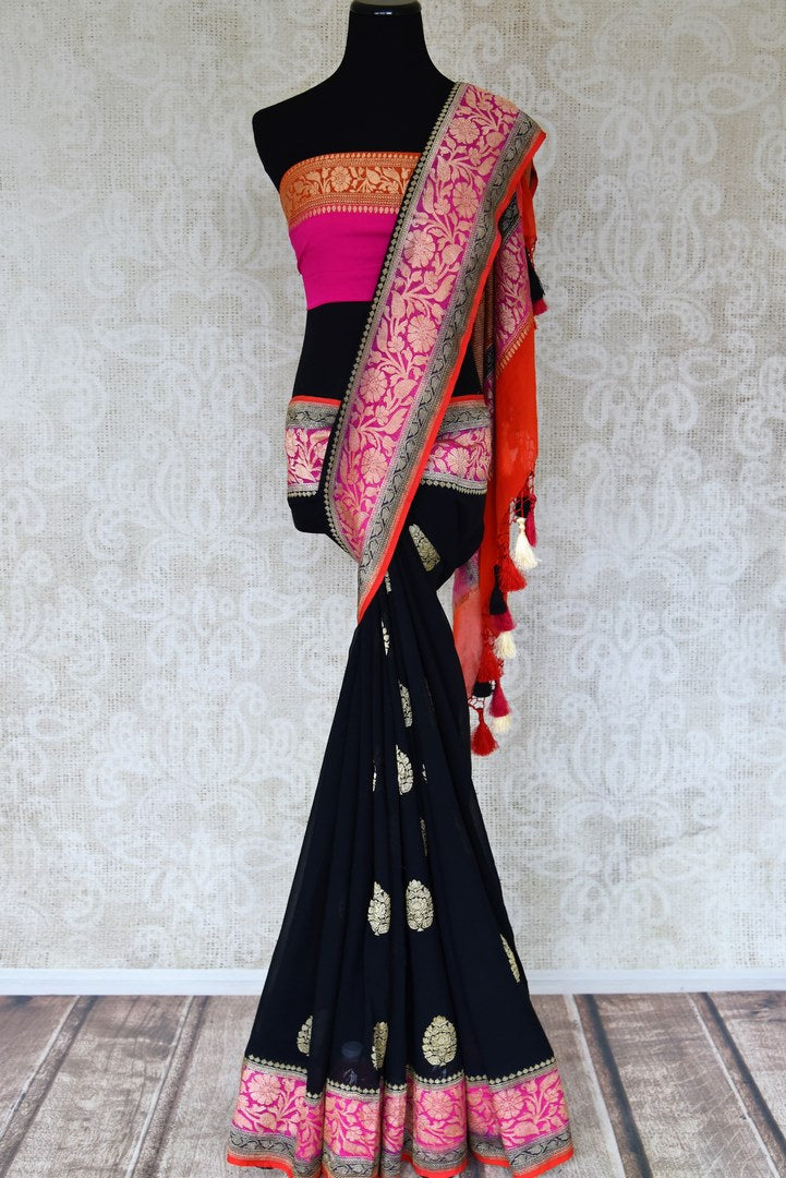 Buy captivating black georgette Banarasi saree online in USA with floral zari buta and pink foliate zari border. Elevate your traditional saree style with beautiful Indian Banarasi saris from Pure Elegance Indian fashion store in USA. We also have a stunning variety of bridal saris for Indian brides in USA. Shop now.-full view