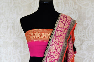 Buy captivating black georgette Banarasi saree online in USA with floral zari buta and pink foliate zari border. Elevate your traditional saree style with beautiful Indian Banarasi saris from Pure Elegance Indian fashion store in USA. We also have a stunning variety of bridal saris for Indian brides in USA. Shop now.-blouse pallu
