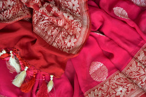 Buy pink georgette Banarasi saree online in USA with floral zari buta and red foliate zari border. Elevate your traditional saree style with beautiful Indian Banarasi saris from Pure Elegance Indian fashion store in USA. We also have a stunning variety of bridal saris for Indian brides in USA. Shop now.-details