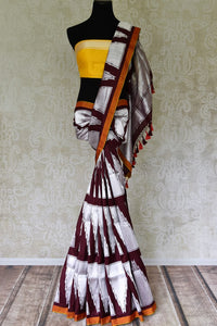 Shop dark brown temple silver zari design Banarasi silk saree online in USA. Update your saree wardrobe with stunning Banarasi sarees from Pure Elegance Indian fashion store in USA. Shop now.-full view