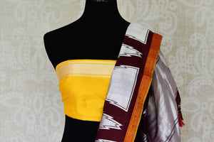 Shop dark brown temple silver zari design Banarasi silk saree online in USA. Update your saree wardrobe with stunning Banarasi sarees from Pure Elegance Indian fashion store in USA. Shop now.-blouse pallu