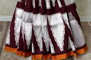Shop dark brown temple silver zari design Banarasi silk saree online in USA. Update your saree wardrobe with stunning Banarasi sarees from Pure Elegance Indian fashion store in USA. Shop now.-pleats