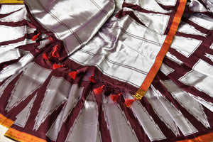 Shop dark brown temple silver zari design Banarasi silk saree online in USA. Update your saree wardrobe with stunning Banarasi sarees from Pure Elegance Indian fashion store in USA. Shop now.-details