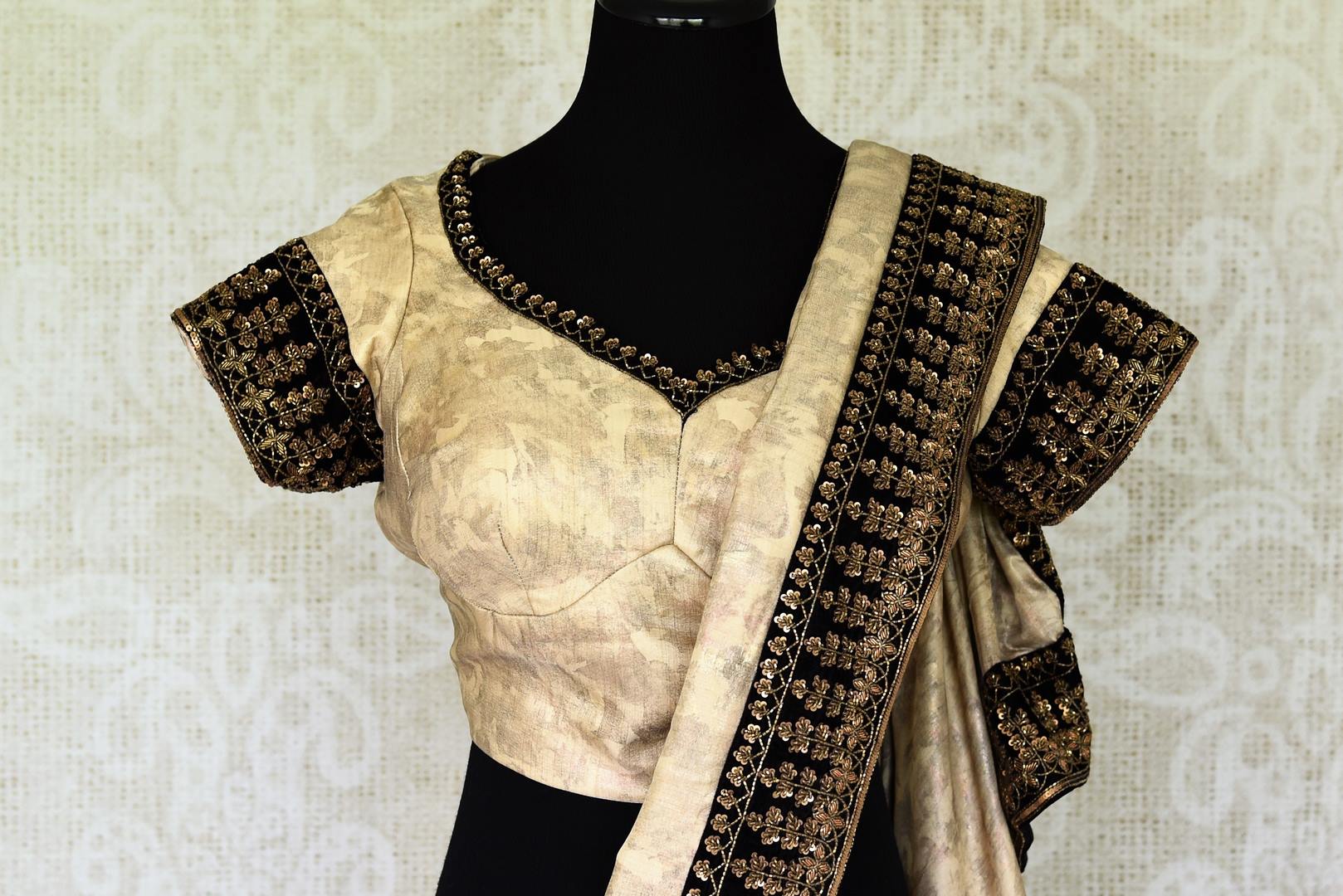 Buy beige embroidered silk saree online in USA with embroidered saree blouses. Update your saree wardrobe with stunning Indian designer sarees from Pure Elegance Indian fashion store in USA. Shop now.-blouse pallu