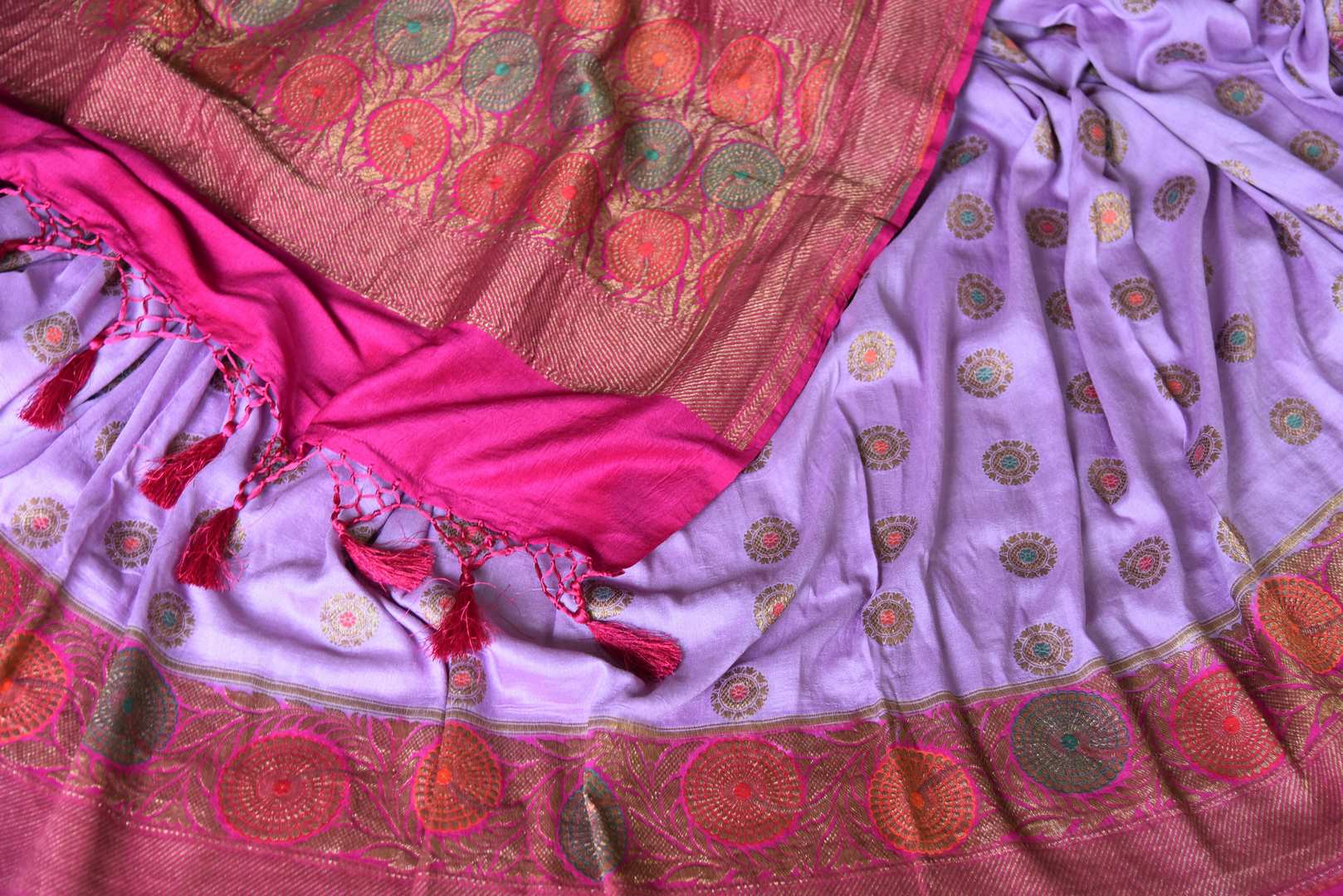 90I009-RO Lavender Muga Banarasi Sari with Red Antique Zari Border