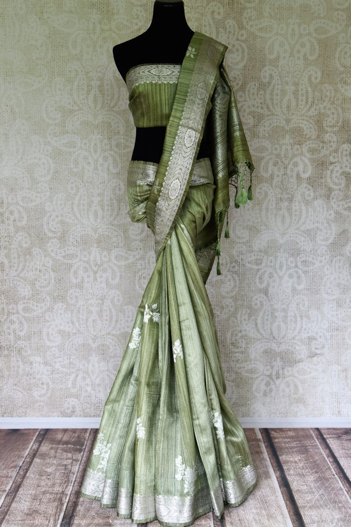 Buy pista green tussar Banarasi saree online in USA with floral zari buta and zari border. Be an epitome of elegance in exquisite Banarasi sarees from Pure Elegance Indian clothing store in USA.-full view