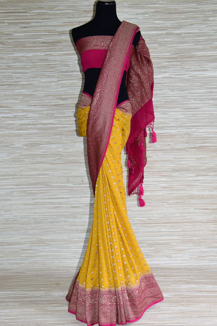 Buy yellow Banarasi sari online in USA with pink antique zari border. Elevate your traditional glam on weddings and special occasions with an exclusive range of handwoven sarees, designer sarees especially for Indian women in USA at Pure Elegance Indian fashion store. Shop now.-full view