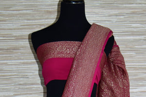 Buy yellow Banarasi sari online in USA with pink antique zari border. Elevate your traditional glam on weddings and special occasions with an exclusive range of handwoven sarees, designer sarees especially for Indian women in USA at Pure Elegance Indian fashion store. Shop now.-blouse pallu