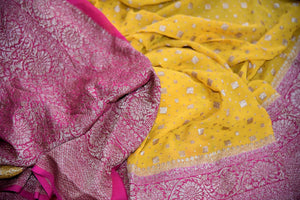Buy yellow Banarasi sari online in USA with pink antique zari border. Elevate your traditional glam on weddings and special occasions with an exclusive range of handwoven sarees, designer sarees especially for Indian women in USA at Pure Elegance Indian fashion store. Shop now.-details