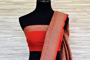 Shop black georgette Banarasi sari online in USA with red zari border. Make your ethnic wardrobe colorful and rich with a splendid collection of Banarasi sarees from Pure Elegance Indian clothing store in USA. Shop online.-blouse pallu