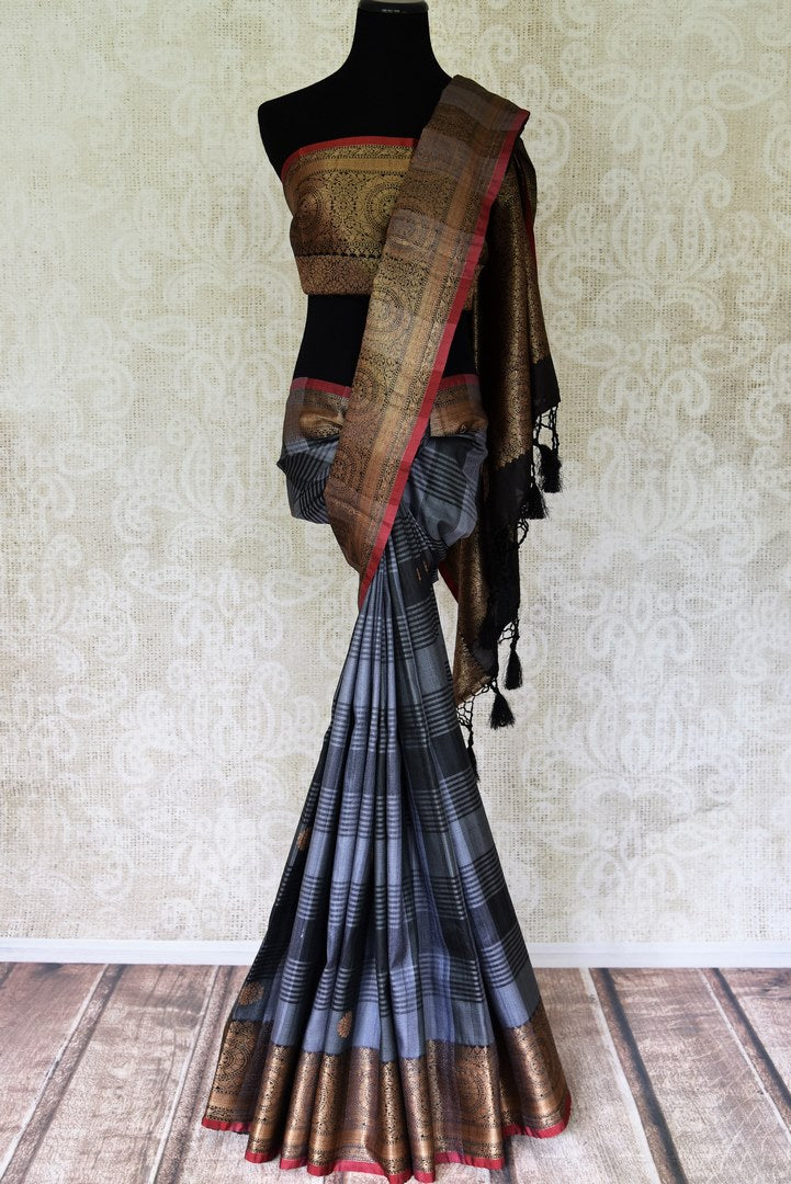 Shop grey check tussar Banarasi saree online in USA with zari border and pallu. Take your ethnic style  to next level with exquisite Banarasi sarees from Pure Elegance Indian fashion store in USA. Shop online.-full view