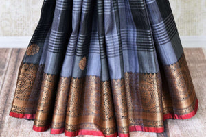 Shop grey check tussar Banarasi saree online in USA with zari border and pallu. Take your ethnic style  to next level with exquisite Banarasi sarees from Pure Elegance Indian fashion store in USA. Shop online.-pleats
