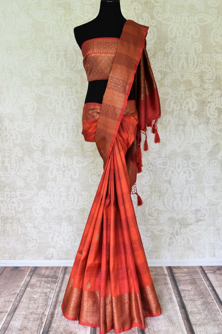 Buy bright orange check tussar Banarasi saree online in USA with zari border and pallu. Take your ethnic style  to next level with exquisite Banarasi saris from Pure Elegance Indian fashion store in USA. Shop online.-full view