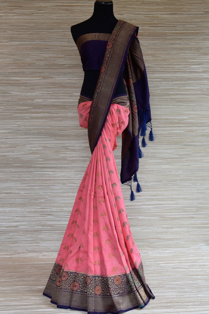 Buy pink Benarasi sari online in USA with flower zari buta and zari minakari border. Radiate traditional charm with beautiful Banarasi sarees from Pure Elegance Indian clothing store in USA. Choose from a variety of Banarasi silk sarees, Banarasi georgette sarees, Banarasi tussar saris for special occasions.-full view