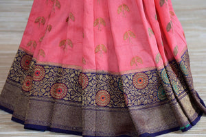 Buy pink Benarasi sari online in USA with flower zari buta and zari minakari border. Radiate traditional charm with beautiful Banarasi sarees from Pure Elegance Indian clothing store in USA. Choose from a variety of Banarasi silk sarees, Banarasi georgette sarees, Banarasi tussar saris for special occasions.-pleats