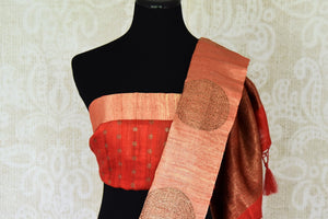 Buy dark green tussar Benarasi saree online in USA with red zari border. Be an epitome of elegance in exquisite Banarasi saris from Pure Elegance Indian clothing store in USA.-blouse pallu