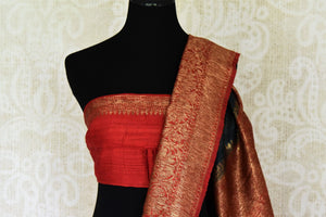 Buy elegant charcoal grey tussar Banarasi saree online in USA with red zari border and pallu. Redefine your ethnic sartorial choice with a splendid variety of handwoven silk sarees, Banarasi sarees from Pure Elegance Indian clothing store in USA.-blouse pallu