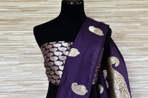 Shop dark blue Banarasi silk sari online in USA with paisley zari buta. Be a vision in the beautiful Banarasi sarees from Pure Elegance Indian clothing store in USA. Shop online now.-blouse pallu