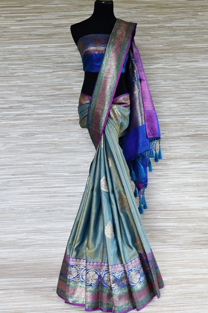 Shop golden green striped tussar Banarasi sari online in USA with big zari buta. Radiate ethnic elan in exquisite Banarasi saris from Pure Elegance Indian fashion store in USA. Shop for weddings, festivals and other special occasions from our online store.-full view