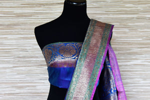 Shop golden green striped tussar Banarasi sari online in USA with big zari buta. Radiate ethnic elan in exquisite Banarasi saris from Pure Elegance Indian fashion store in USA. Shop for weddings, festivals and other special occasions from our online store.-blouse pallu