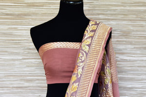 Shop mauve georgette Banarasi saree online in USA with foliate zari border. Make your ethnic wardrobe colorful and rich with a splendid collection of Banarasi saris from Pure Elegance Indian clothing store in USA. Shop online.-blouse pallu