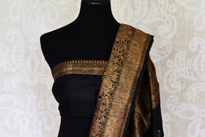 Buy lime green color tussar Benarasi saree online in USA with black zari border. Be an epitome of elegance in exquisite Banarasi saris from Pure Elegance Indian clothing store in USA.-blouse pallu