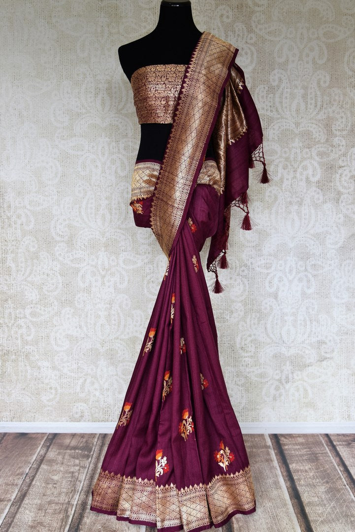 Buy wine color khaddi Banarasi saree online in USA with zari minakari floral buta. Feel traditional on special occasions in beautiful Indian designer saris from Pure Elegance Indian fashion store in USA. Choose from a splendid variety of Banarasi sarees, pure handwoven saris. Buy online.-full view