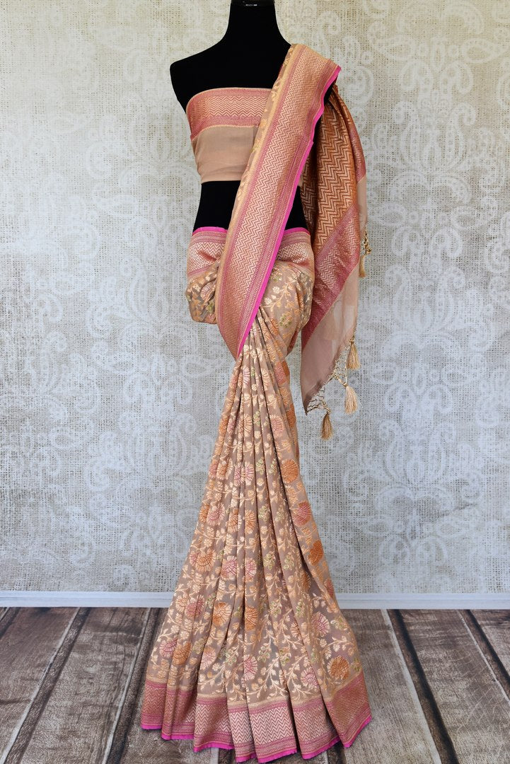 Shop beige georgette Banarasi saree online in USA with zari minakari floral jaal. Feel traditional on special occasions in beautiful Indian designer saris from Pure Elegance Indian fashion store in USA. Choose from a splendid variety of Banarasi sarees, pure handwoven saris. Buy online.-full view