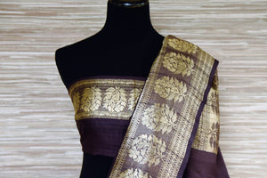 Buy purple tussar Banarasi sari online in USA with zari buta and border. Shop such stunning Banarasi sarees for special occasions from Pure Elegance Indian fashion store in USA.-blouse pallu
