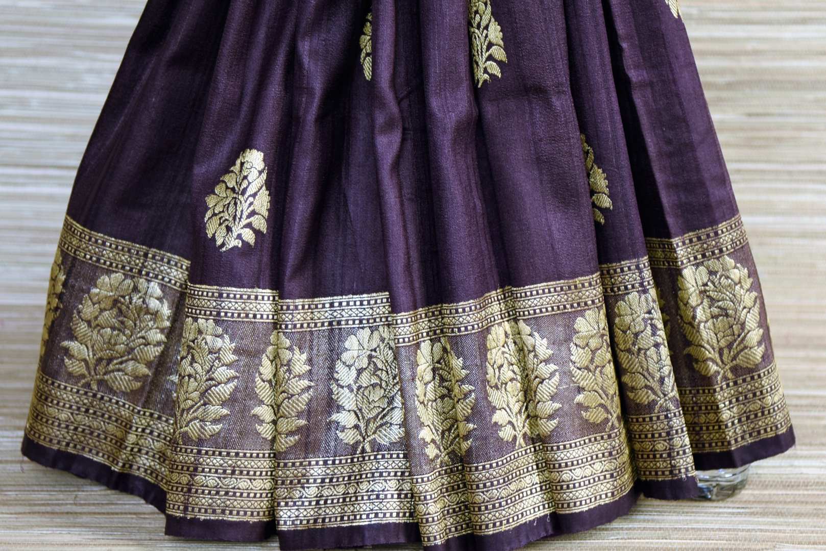 Buy purple tussar Banarasi sari online in USA with zari buta and border. Shop such stunning Banarasi sarees for special occasions from Pure Elegance Indian fashion store in USA.-pleats