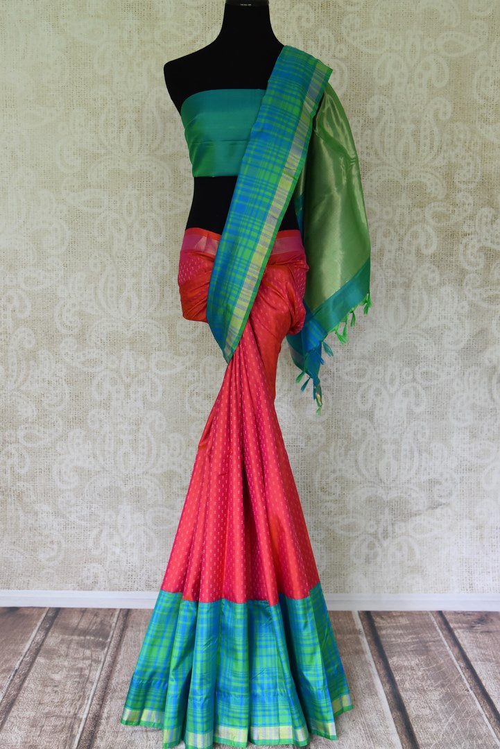 Shop pink Kanjeevaram saree online in USA with green blue check border. Channel your inner Indian diva with a range exquisite traditional Kanjivaram sarees from Pure Elegance Indian fashion store in USA. Shop now.-full view