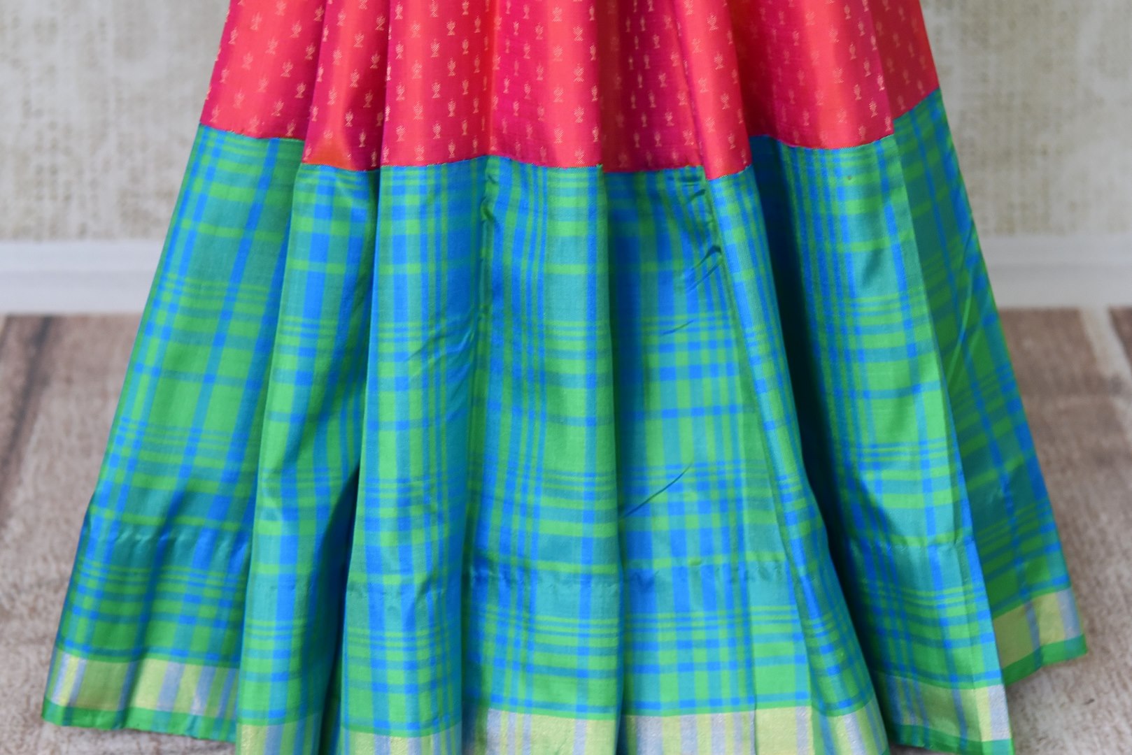 Shop pink Kanjeevaram saree online in USA with green blue check border. Channel your inner Indian diva with a range exquisite traditional Kanjivaram sarees from Pure Elegance Indian fashion store in USA. Shop now.-pleats