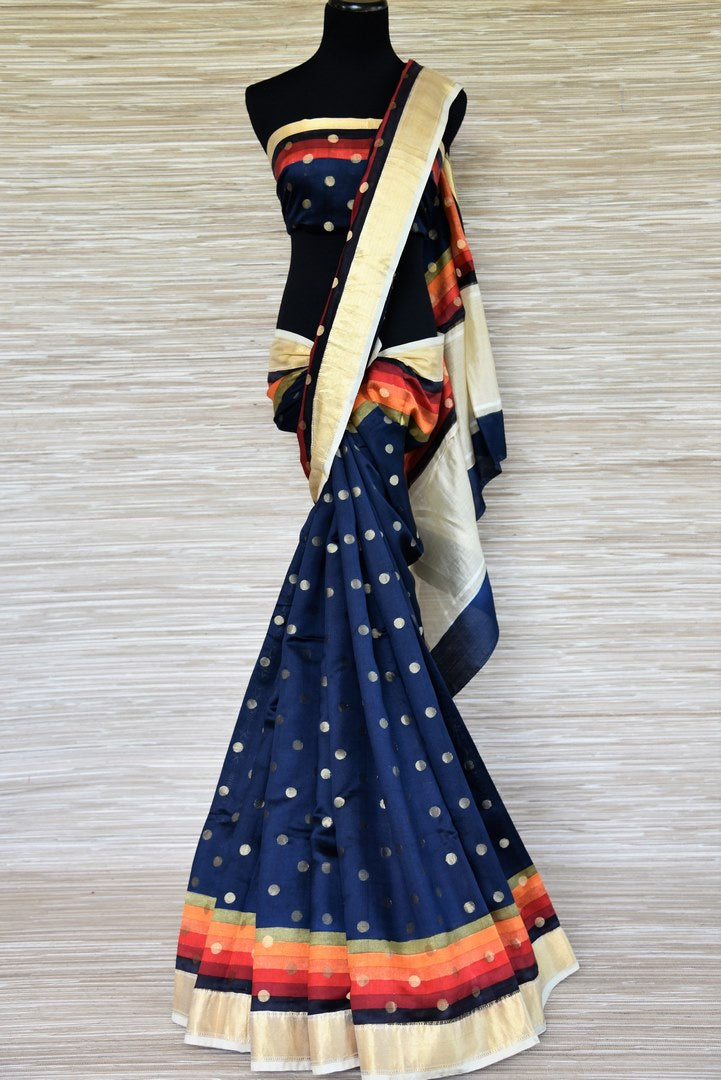 Buy dark blue zari buta muga silk saree online in USA with multicolor zari border. Stand amongst the crowd with your tasteful ethnic style in beautiful handwoven silk saris from Pure Elegance Indian fashion store for Indian women in USA.-full view