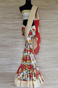 Buy powder blue red floral georgette Banarasi sari online in USA with zari border. Radiate traditional charm with beautiful Banarasi sarees from Pure Elegance Indian clothing store in USA. Choose from a variety of Banarasi silk sarees, Banarasi georgette sarees, Banarasi tussar saris for special occasions.-full view