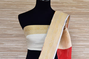 Buy powder blue red floral georgette Banarasi sari online in USA with zari border. Radiate traditional charm with beautiful Banarasi sarees from Pure Elegance Indian clothing store in USA. Choose from a variety of Banarasi silk sarees, Banarasi georgette sarees, Banarasi tussar saris for special occasions.-blouse pallu