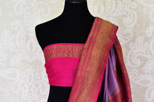 Buy lavender color muga Banarasi sari online in USA with pink minakari antique zari border. Be an epitome of elegance in exquisite Banarasi saris from Pure Elegance Indian clothing store in USA.-blouse pallu