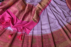 Buy lavender color muga Banarasi sari online in USA with pink minakari antique zari border. Be an epitome of elegance in exquisite Banarasi saris from Pure Elegance Indian clothing store in USA.-details