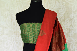 Buy red borderless muga Banarasi sari online in USA with zari minakari buta and green pallu. Be an epitome of elegance in exquisite Banarasi saris from Pure Elegance Indian clothing store in USA.-blouse pallu