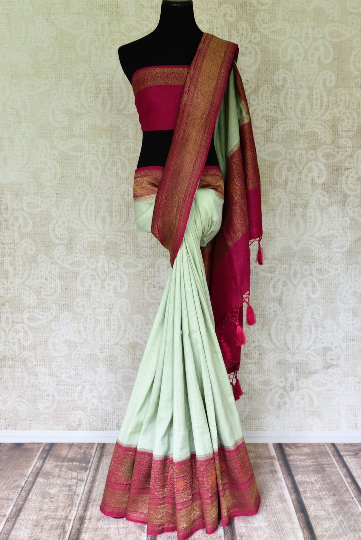 Buy stunning mint green muga Banarasi sari online in USA with pink minakari antique zari border and pallu. Be an epitome of elegance in exquisite Banarasi saris from Pure Elegance Indian clothing store in USA.-full view