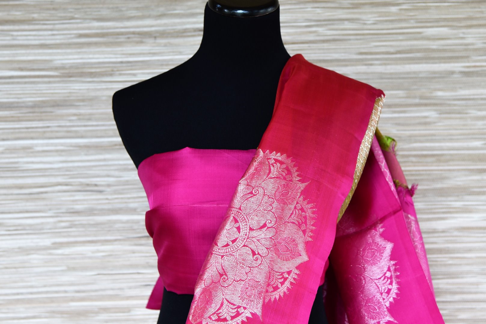 Buy green zari buta Kanjeevaram sari online in USA with pink zari buta border. Update your saree wardrobe with latest designs in Kanjeevaram silk sarees from Pure Elegance Indian clothing in USA. Shop online now.-blouse pallu
