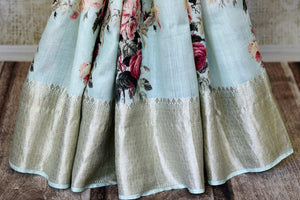 Shop powder blue floral print tussar silk sari online in USA with zari border. Shop the latest Indian women clothing and handwoven silk sarees for weddings and special occasions from Pure Elegance Indian clothing store in USA.-pleats